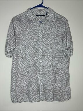 Perry Ellis Mens Beige Gray Line Print Short-Sleeve Linen Button-Up Shirt Size L